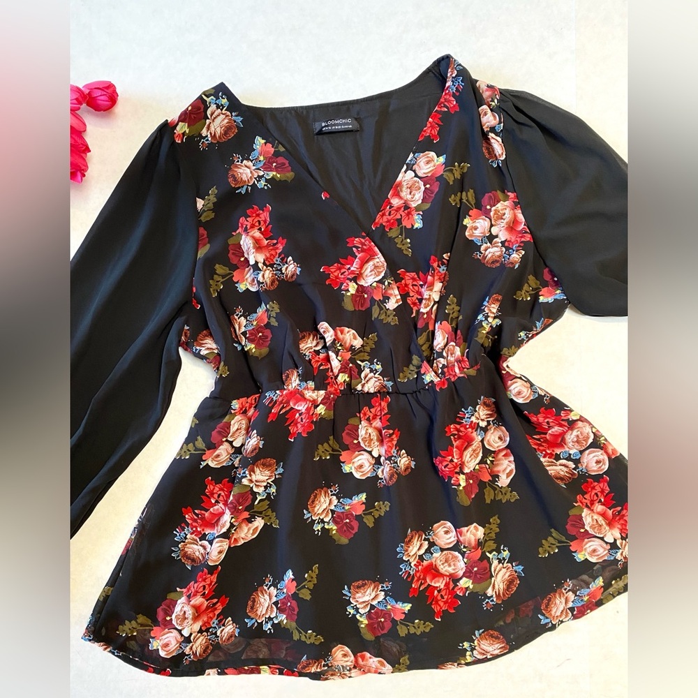 Floral Lantern Sleeve Patchwork Top - image 2